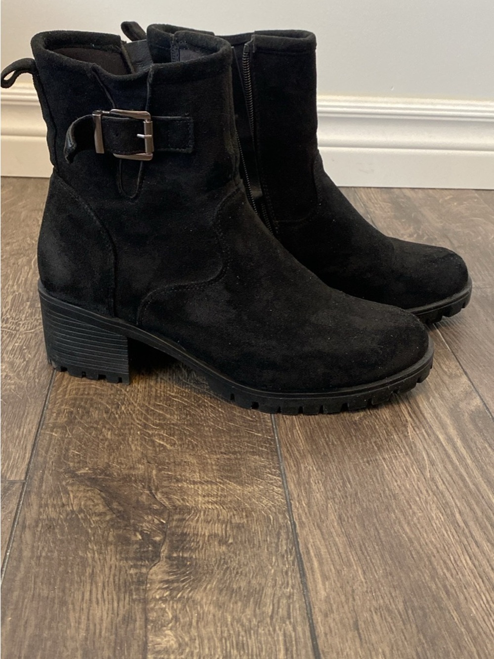VENUS Black Suede Buckle Ankle Booties